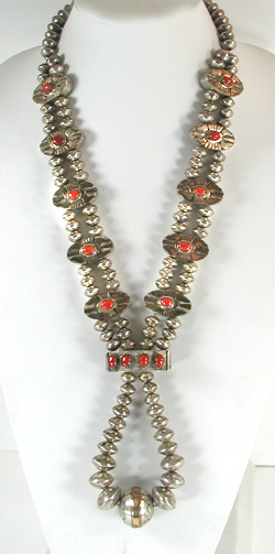 Vintage sterling silver reversible storyteller and coral necklace with jacla 24 inch by Navjo silversmith L. Nez