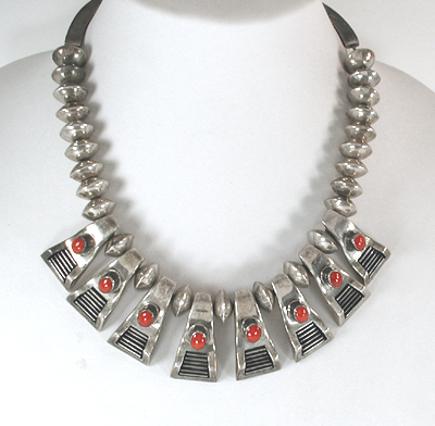 Authentic Native American sterling silver saucer bead and Coral Tab Necklace 17 inch by Navajo artisan Jack Tom