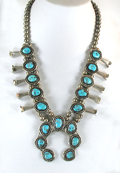 vintage sterling silver and Turquoise Squash Blossom necklace 22 1/2 inch