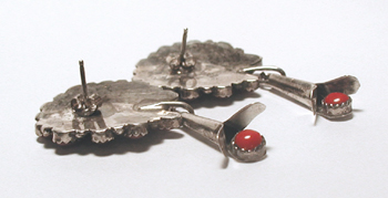 Authentic Native American sterling silver and coral Squash Blossom necklace 27 inch and earrings by Navajo silversmith Paul Jones  