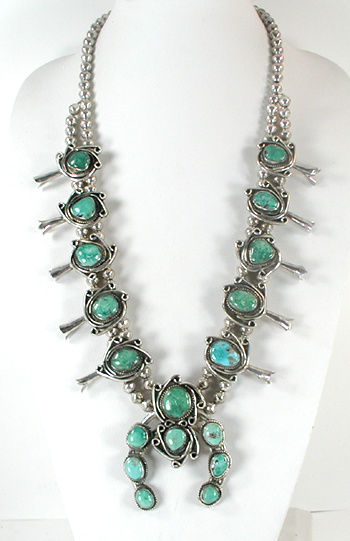 vintage sterling silver and Turquoise Squash Blossom necklace 29 inch