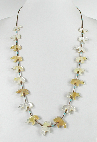 mother of pearl bear fetish necklace by Navajo artisan Hector Goodluck 28 1/2 inches long
