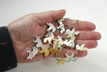 mother of pearl bear fetish necklace by Navajo artisan Hector Goodluck 28 1/2 inches long