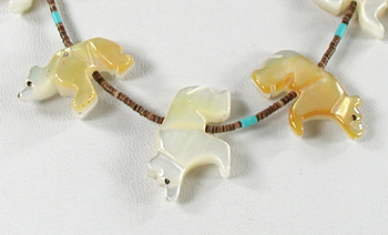 mother of pearl bear fetish necklace by Navajo artisan Hector Goodluck 28 1/2 inches long