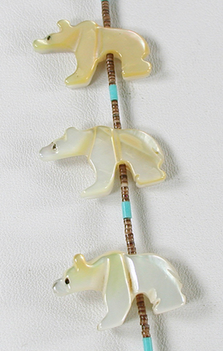 mother of pearl bear fetish necklace by Navajo artisan Hector Goodluck 28 1/2 inches long