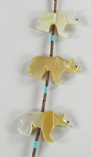 mother of pearl bear fetish necklace by Navajo artisan Hector Goodluck 28 1/2 inches long