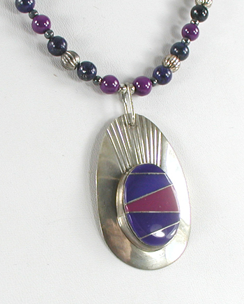 lapis lazuli and sugalite  bead necklace with matching sterling silver inlay pendant by Navajo artisans Fred Maloney 21 1/2 inches long
