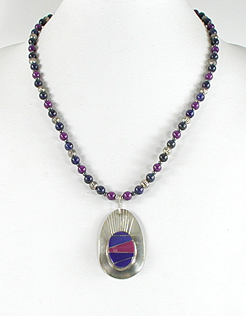 lapis lazuli and sugalite  bead necklace with matching sterling silver inlay pendant by Navajo artisans Fred Maloney 21 1/2 inches long