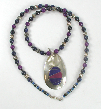 lapis lazuli and sugalite  bead necklace with matching sterling silver inlay pendant by Navajo artisans Fred Maloney 21 1/2 inches long