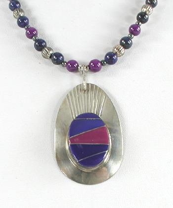 lapis lazuli and sugalite  bead necklace with matching sterling silver inlay pendant by Navajo artisans Fred Maloney 21 1/2 inches long
