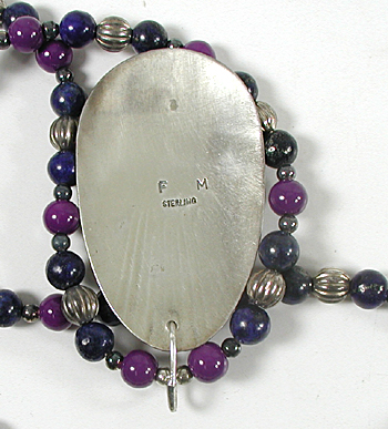 lapis lazuli and sugalite  bead necklace with matching sterling silver inlay pendant by Navajo artisans Fred Maloney 21 1/2 inches long