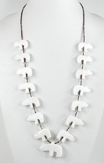 31 inch necklace with olive shell heishi and 15 white alabaster bears
