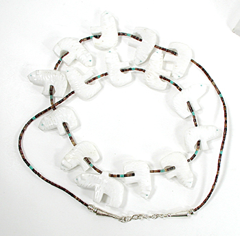 31 inch necklace with olive shell heishi and 15 white alabaster bears