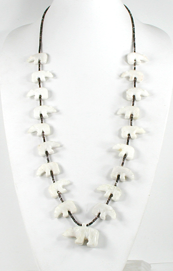 33 inch necklace with Pen Shell heishi and 19 white alabaster bears