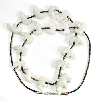 33 inch necklace with Pen Shell heishi and 19 white alabaster bears