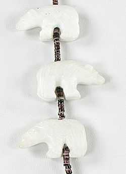 33 inch necklace with Pen Shell heishi and 19 white alabaster bears