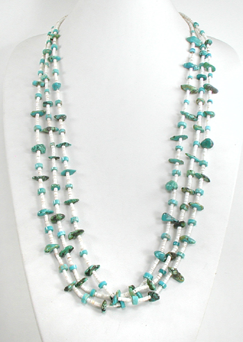 White Clam Shell heishi and turquoise nugget necklace 32 inches long