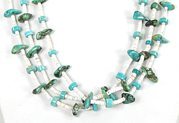White Clam Shell heishi and turquoise nugget necklace 32 inches long