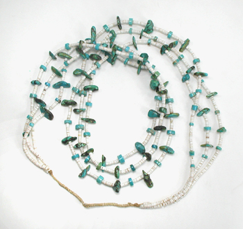 White Clam Shell heishi and turquoise nugget necklace 32 inches long