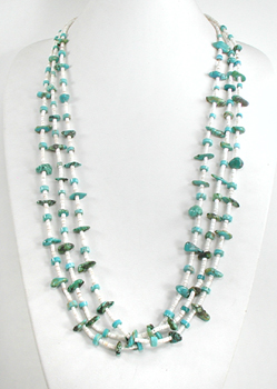 melon shell heishi and turquoise nugget necklace 32 inches long