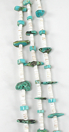 White Clam Shell heishi and turquoise nugget necklace 32 inches long