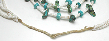 White Clam Shell heishi and turquoise nugget necklace 32 inches long