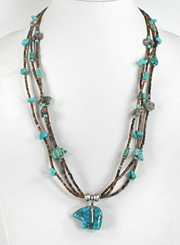 26 inch olive shell heishi necklace with turquoise nuggets and stone bears