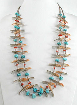 30 inch shell bird Necklace with turquoise, coral and heishi
