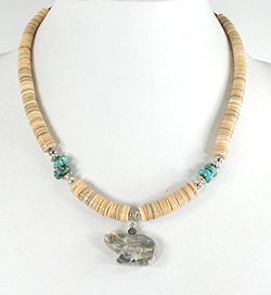 LomaSiiva melon shell heishi necklace 20 inches long with Picasso marble bear, new old stock