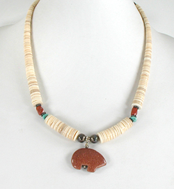 LomaSiiva melon shell heishi necklace 20 inches long with Picasso marble bear, new old stock
