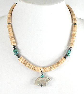 Cynetta Smith Navajo melon shell heishi and marble bear necklace 18 inches long new old stock excellent condition