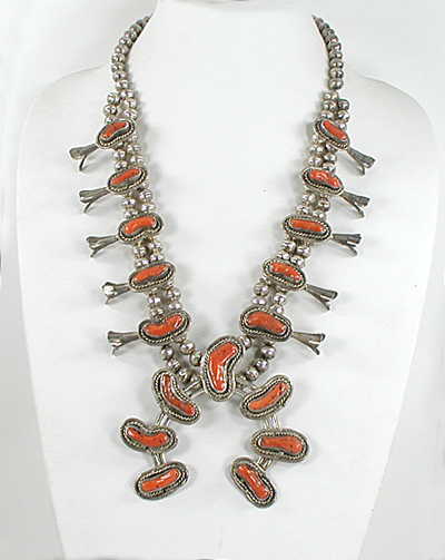 sterling silver coral squash blossom necklace 24 1/2 inches long