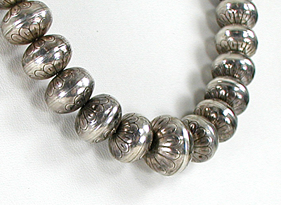 Graduated Stamped sterling silver Bead Necklace 30 inches long