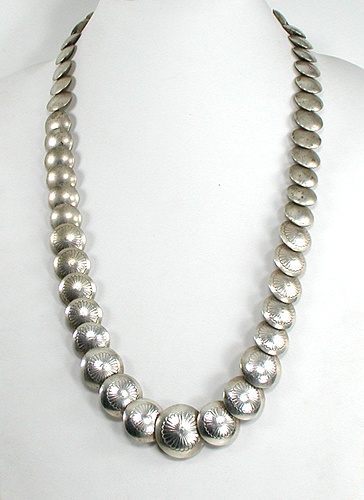 Graduated Stamped sterling silver pillow Bead Necklace 27 inches long