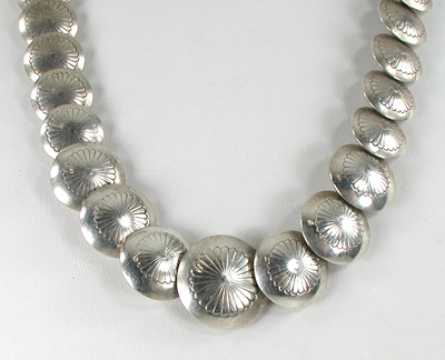 Graduated Stamped sterling silver pillow Bead Necklace 27 inches long