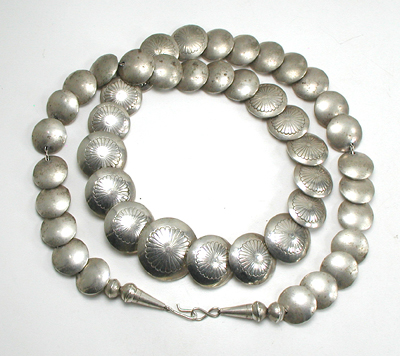 Graduated Stamped sterling silver pillow Bead Necklace 27 inches long