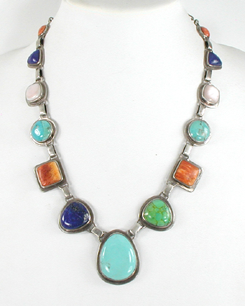 Multi Stone necklace with turquoise, lapis, conch shell, orange spiny oyster 21 1/2 inches long 