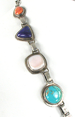 Multi Stone necklace with turquoise, lapis, conch shell, orange spiny oyster 21 1/2 inches long 