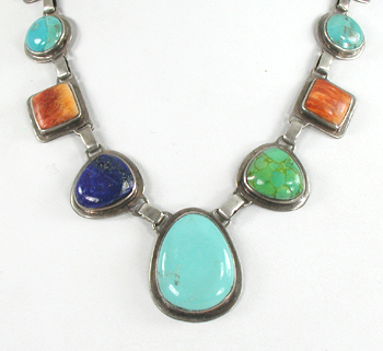 Multi Stone necklace with turquoise, lapis, conch shell, orange spiny oyster 21 1/2 inches long 