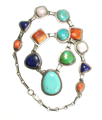 Multi Stone necklace with turquoise, lapis, conch shell, orange spiny oyster 21 1/2 inches long 