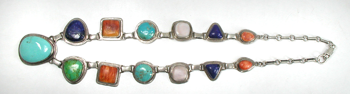 Multi Stone necklace with turquoise, lapis, conch shell, orange spiny oyster 21 1/2 inches long 