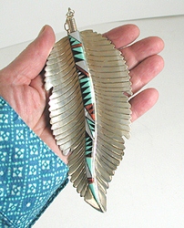 Large Sterling Silver and stone inlay feather pendant with chain