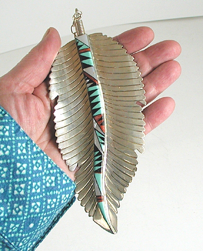 Feather Inlay Huge Inlay Sterling Silver Feather Pendant with chain