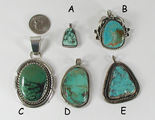 five vintage Sterling Silver and turquoise pendants