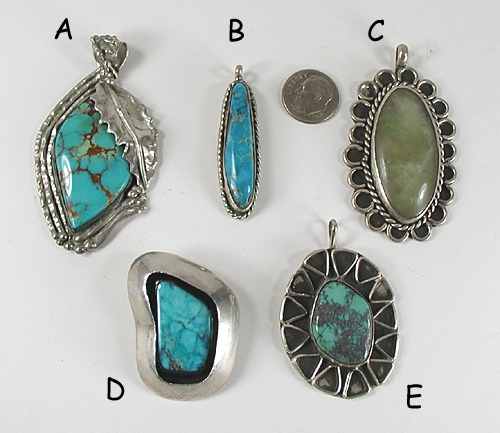 five vintage Sterling Silver and turquoise pendants