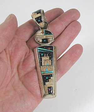 Authentic Native American sterling silver micro inlay  Kachina Pendant by Navajo artist Merle House