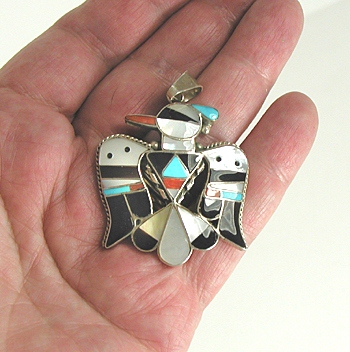 Authentic Native American sterling silver and Inlay Thunderbird pendant by Zuni artisans Bobby and Corrine Shack