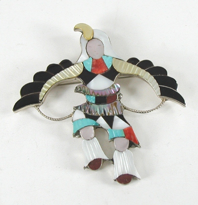 Authentic Native American sterling silver and Inlay Eagle Dancer Pin Pendant by Zuni artisan Jonathan Beyuka