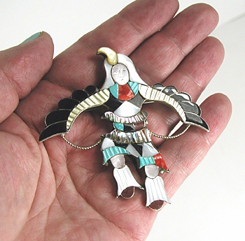 Authentic Native American sterling silver and Inlay Eagle Dancer Pin Pendant by Zuni artisan Jonathan Beyuka