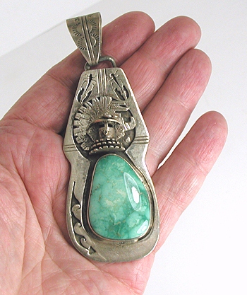 Authentic Native American sterling silver, turquoise Turquoise Kachina Pendant by Navajo artisan Benson Ration